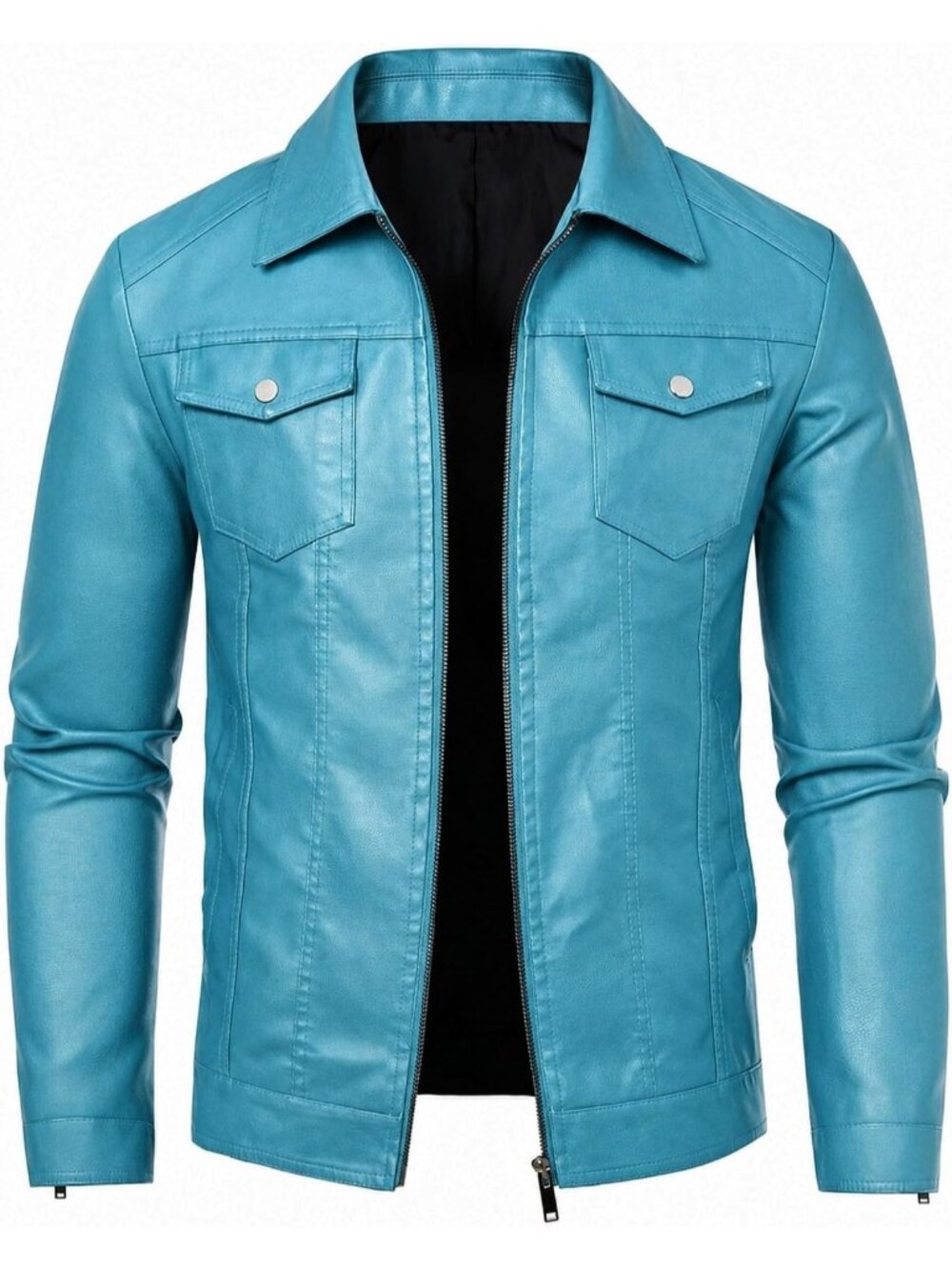 Men's Green Faux Leather Two Side Hand Pockets Motorcycle Biker Jacket